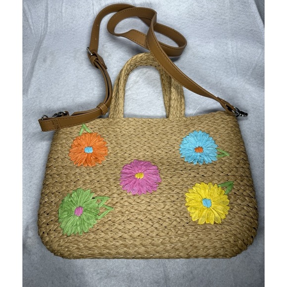 The Unbranded Brand Handbags - Floral Straw Raffia Tote Crossbody Bag Colorful Daisy Applique Woven Beach Boho
